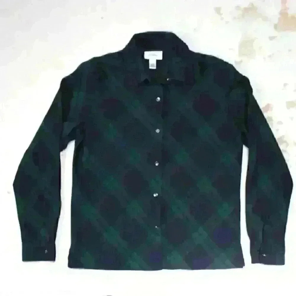 TALBOTS Blue Green Plaid Button Up Collared Blouse Long Sleeve Top Women Small